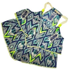 🟨 Jolt Blue Green Yellow Boho Tribal Print Lace Lined Ruffle Halter Top Small